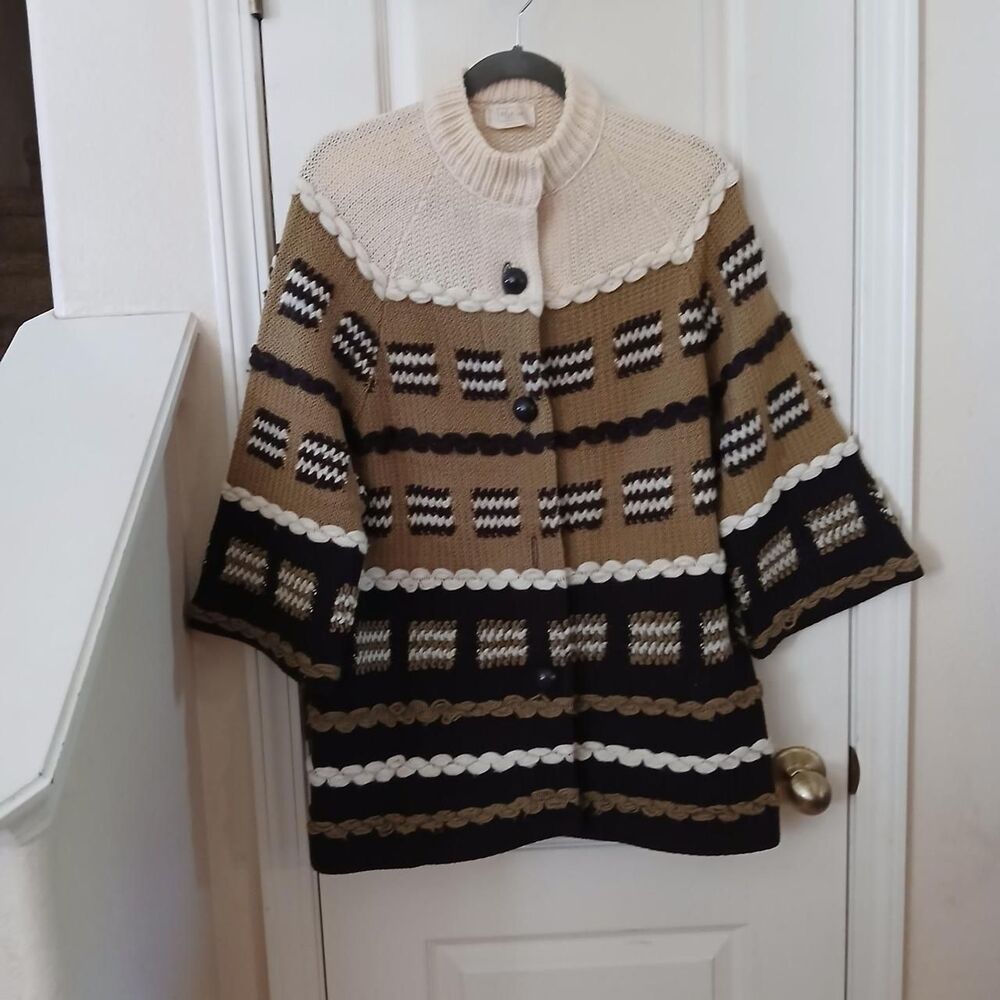 Vintage 70s Carol Brent 100% Pure Wool Geometric Knit Cardigan One Size Granola